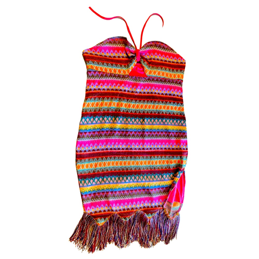 NWT Shein Sxy Knit Dress Boho Curvy Halter Neck Tie Colourful Wearable Art Plus